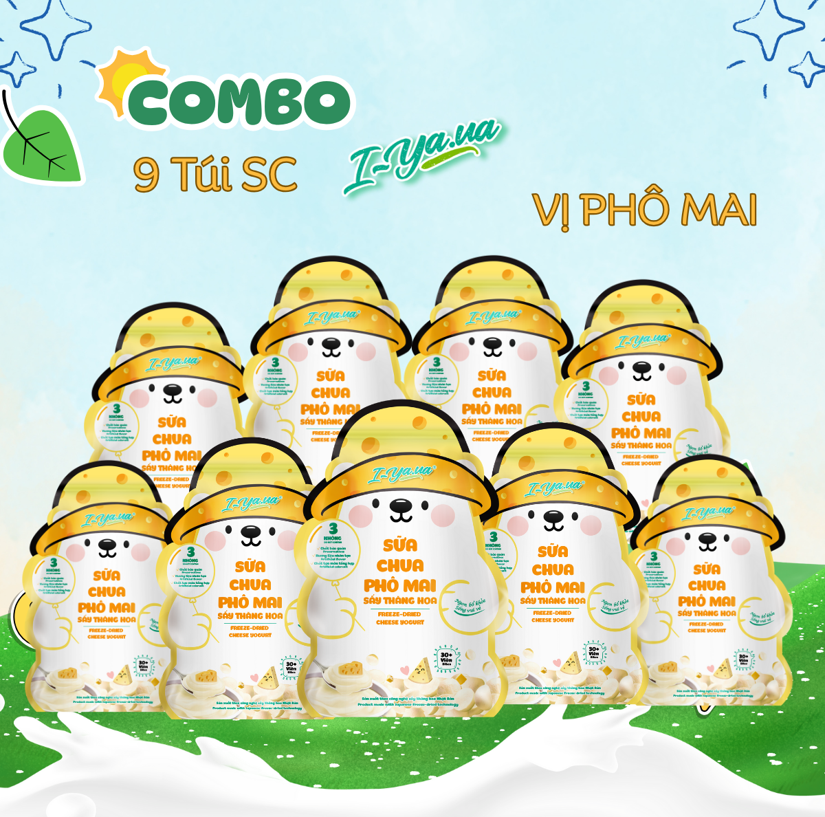 [COMBO 9 TÚI] Sữa Chua Sấy Thăng Hoa IYaua Gấu Hạt Nút Vị PHÔ MAI Túi 16G