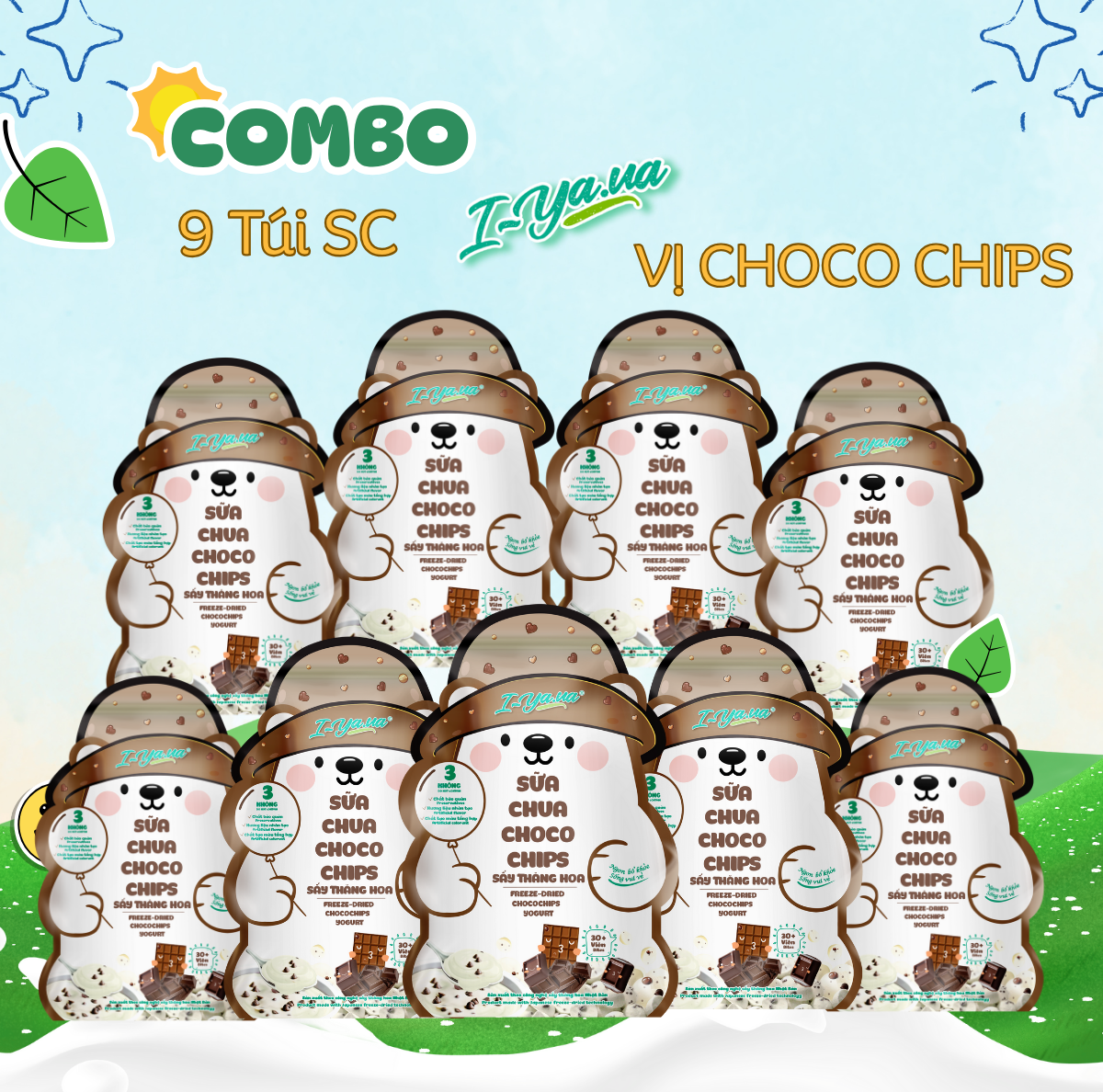 [COMBO 9 TÚI] Sữa Chua Sấy Thăng Hoa IYaua Gấu Hạt Nút Vị CHOCO CHIPS Túi 16G
