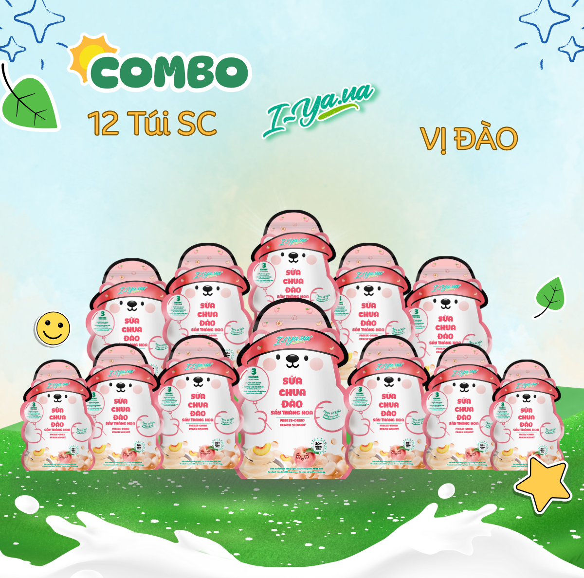 [COMBO 12 TÚI] Sữa Chua Sấy Thăng Hoa IYaua Gấu Hạt Nút Vị Đào Túi 16G