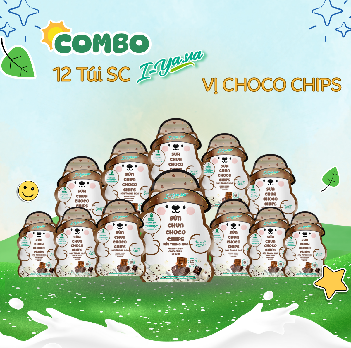 [COMBO 12 TÚI] Sữa Chua Sấy Thăng Hoa IYaua Gấu Hạt Nút Vị CHOCO CHIPS Túi 16G