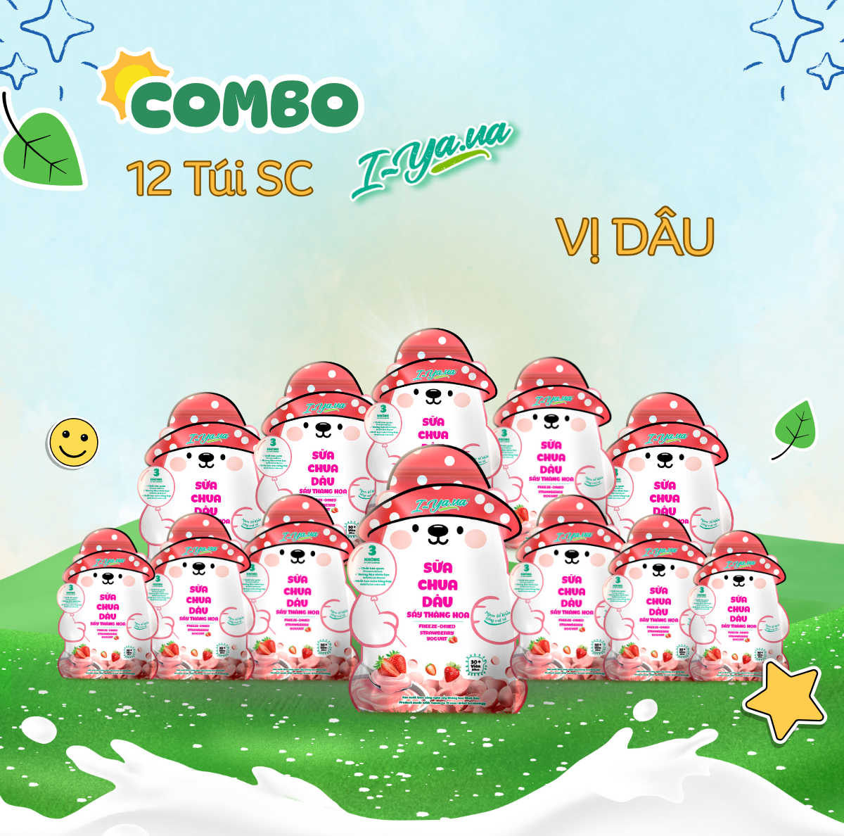 [COMBO 12 TÚI] Sữa Chua Sấy Thăng Hoa IYaua Gấu Hạt Nút Vị Dâu Túi 16G