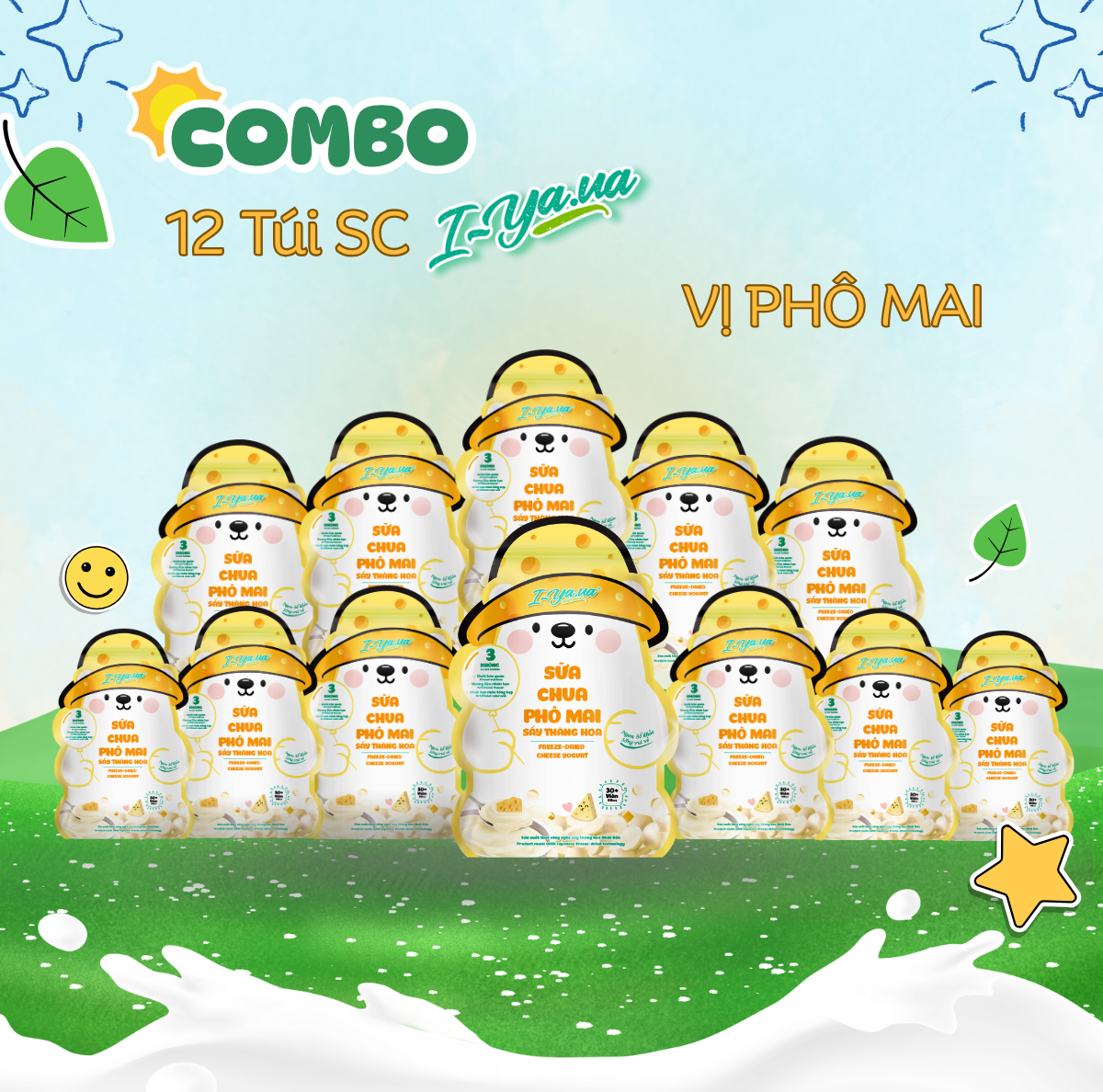 [COMBO 12 TÚI] Sữa Chua Sấy Thăng Hoa IYaua Gấu Hạt Nút Vị PHÔ MAI Túi 16G
