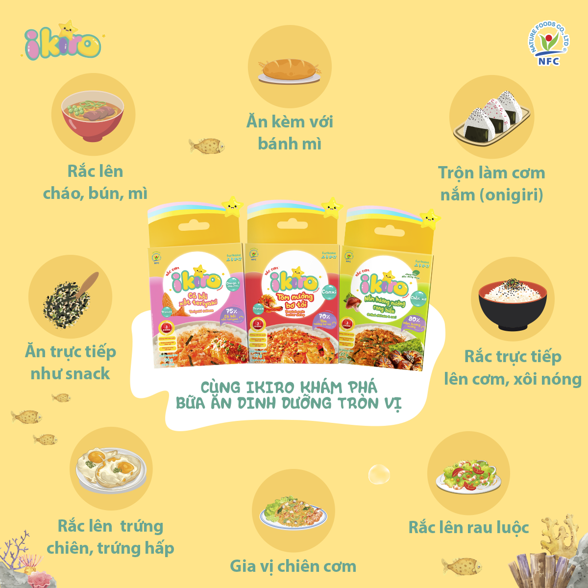  [COMBO 3 HỘP] Rắc cơm IKIRO Nấm Hương Nướng Rong Biển Cho Bé Nguyên Liệu Thiên Nhiên Từ 1 Tuổi 27 g (6 gói) 