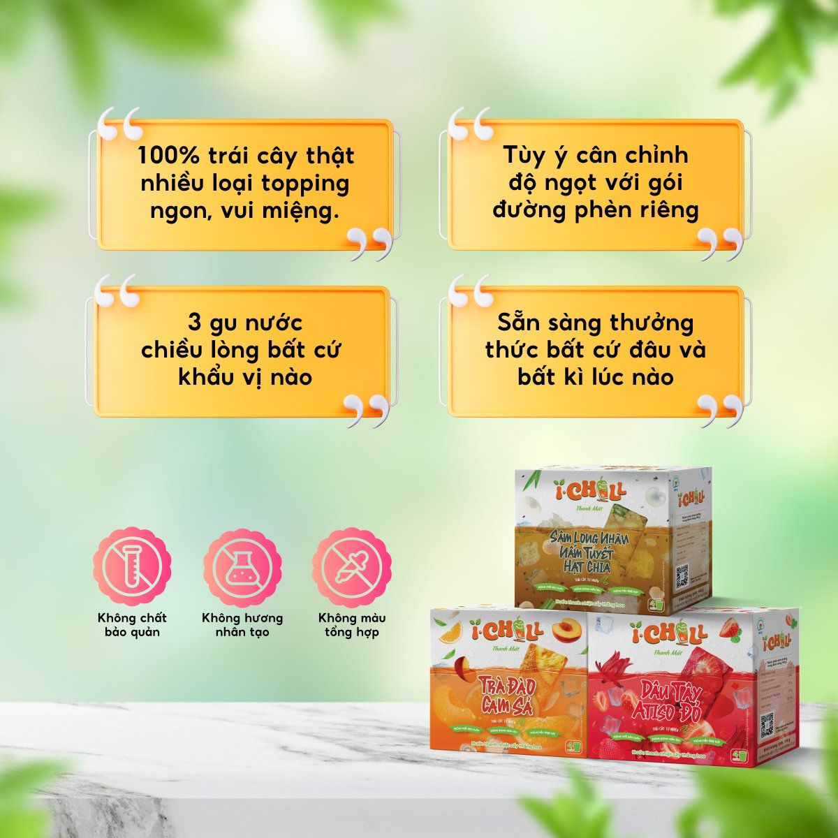  iChill Sâm Long Nhãn Nấm Tuyết Hạt Chia Nước Thanh Nhiệt Sấy Thăng Hoa Từ Trái Cây Tự Nhiên 4 Gói X Hộp, Không Chất Bảo Quản, ISO 22000, HACCP, BRC 