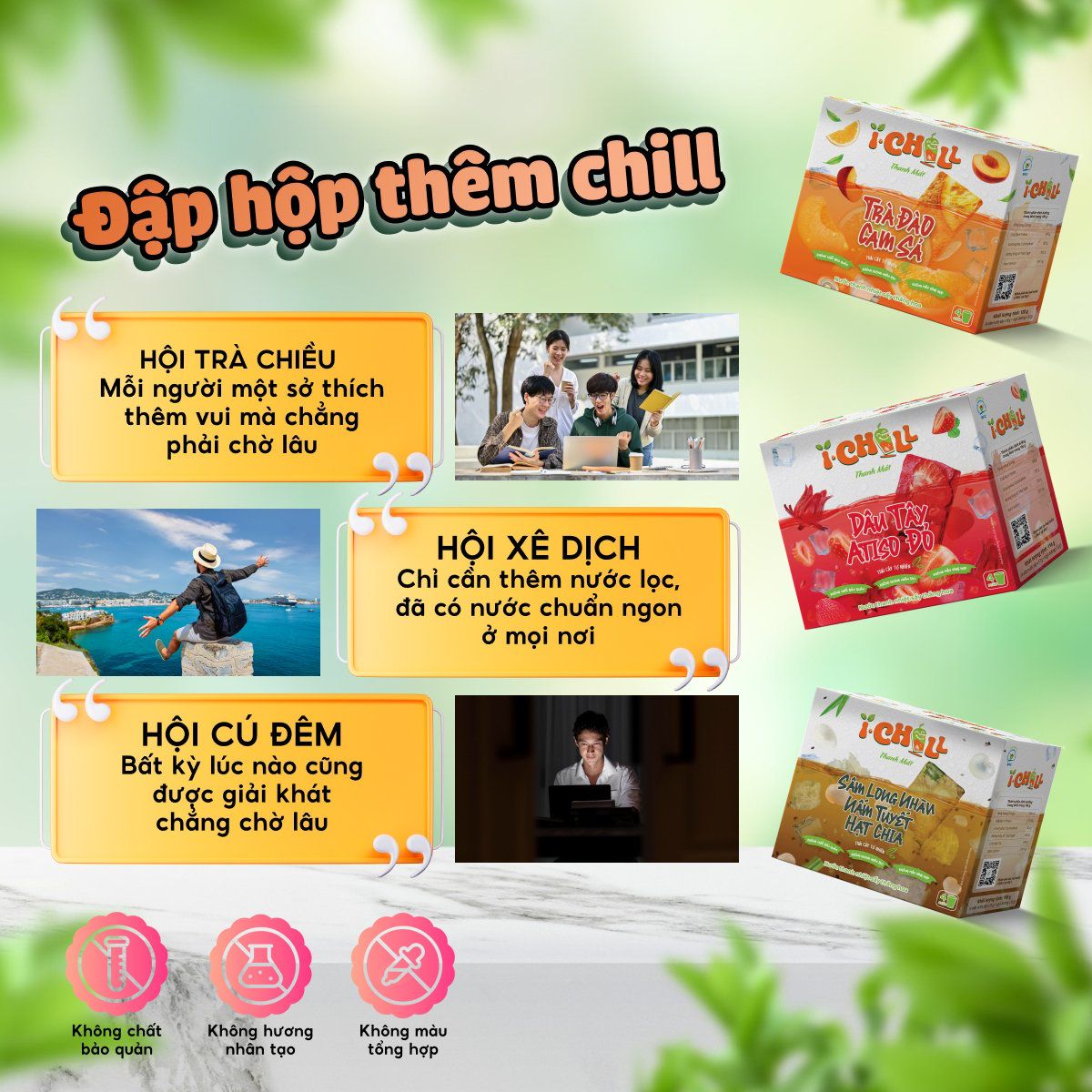  iChill Sâm Long Nhãn Nấm Tuyết Hạt Chia Nước Thanh Nhiệt Sấy Thăng Hoa Từ Trái Cây Tự Nhiên 4 Gói X Hộp, Không Chất Bảo Quản, ISO 22000, HACCP, BRC 