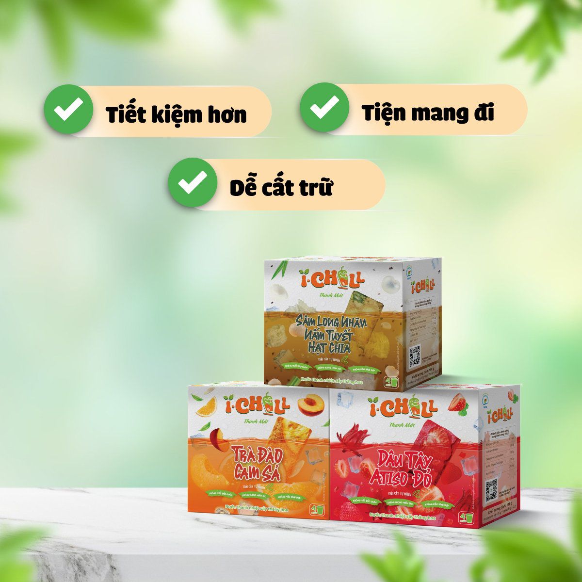  iChill Sâm Long Nhãn Nấm Tuyết Hạt Chia Nước Thanh Nhiệt Sấy Thăng Hoa Từ Trái Cây Tự Nhiên 4 Gói X Hộp, Không Chất Bảo Quản, ISO 22000, HACCP, BRC 