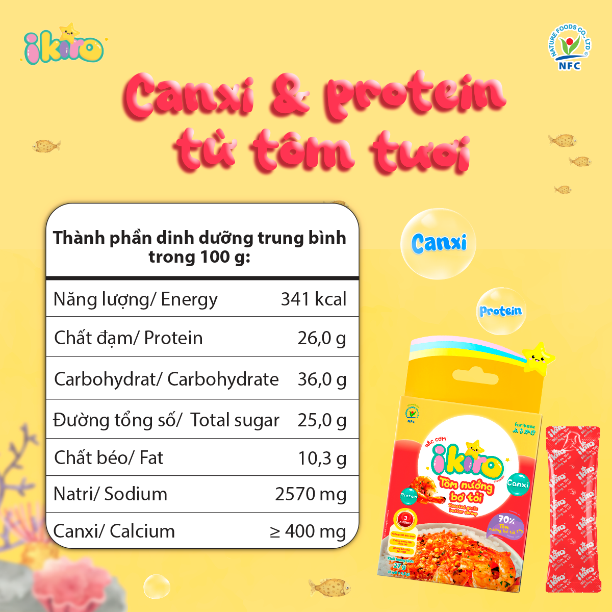  [COMBO 3 HỘP] Rắc cơm IKIRO Tôm Nướng Bơ Tỏi Ăn Dặm Cho Bé Nguyên Liệu Thiên Nhiên Từ 1 Tuổi 27 g (6 gói) 