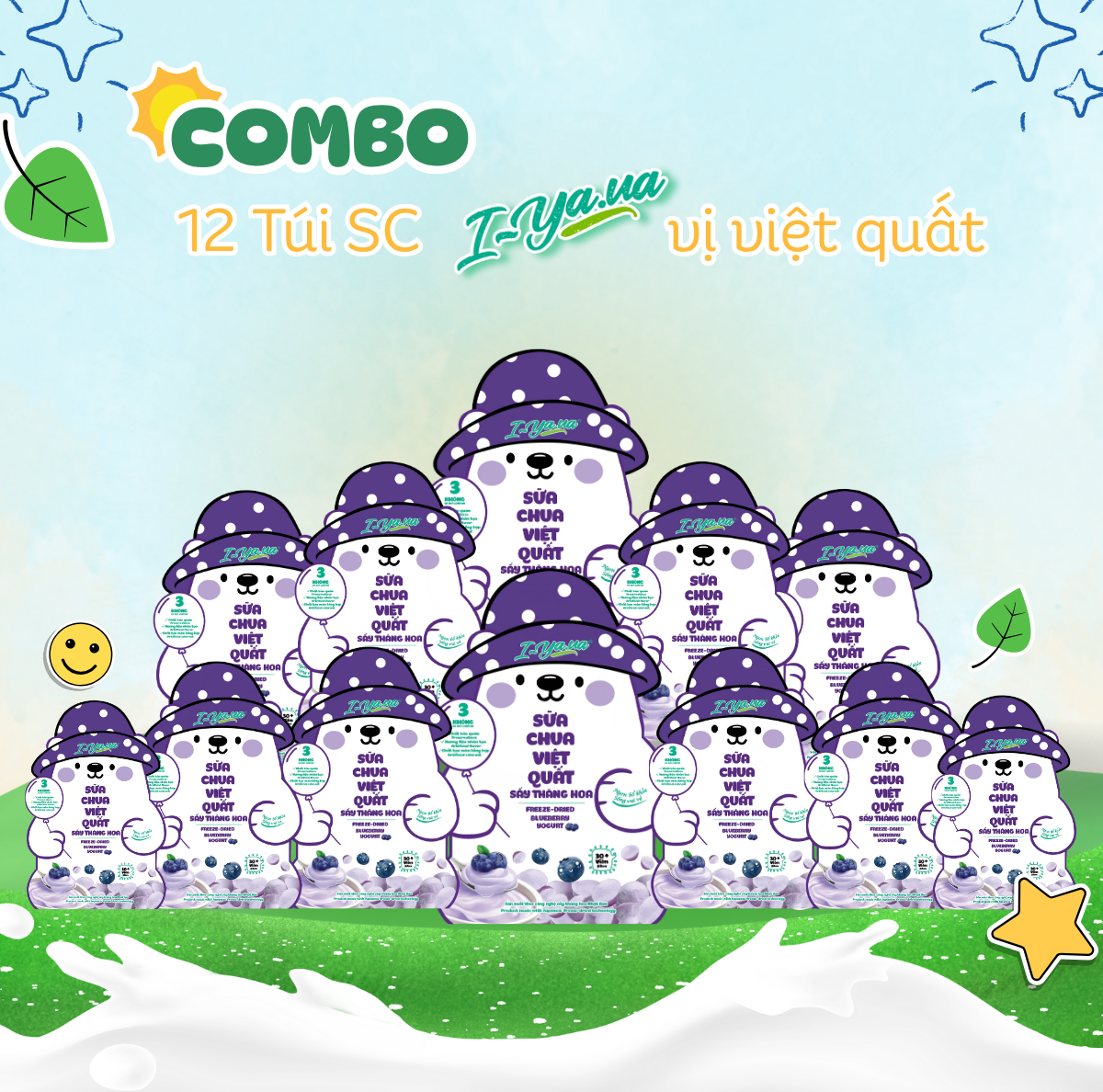 [COMBO 12 TÚI] Sữa Chua Sấy Thăng Hoa IYaua Gấu Hạt Nút Vị Việt Quất Túi 16G