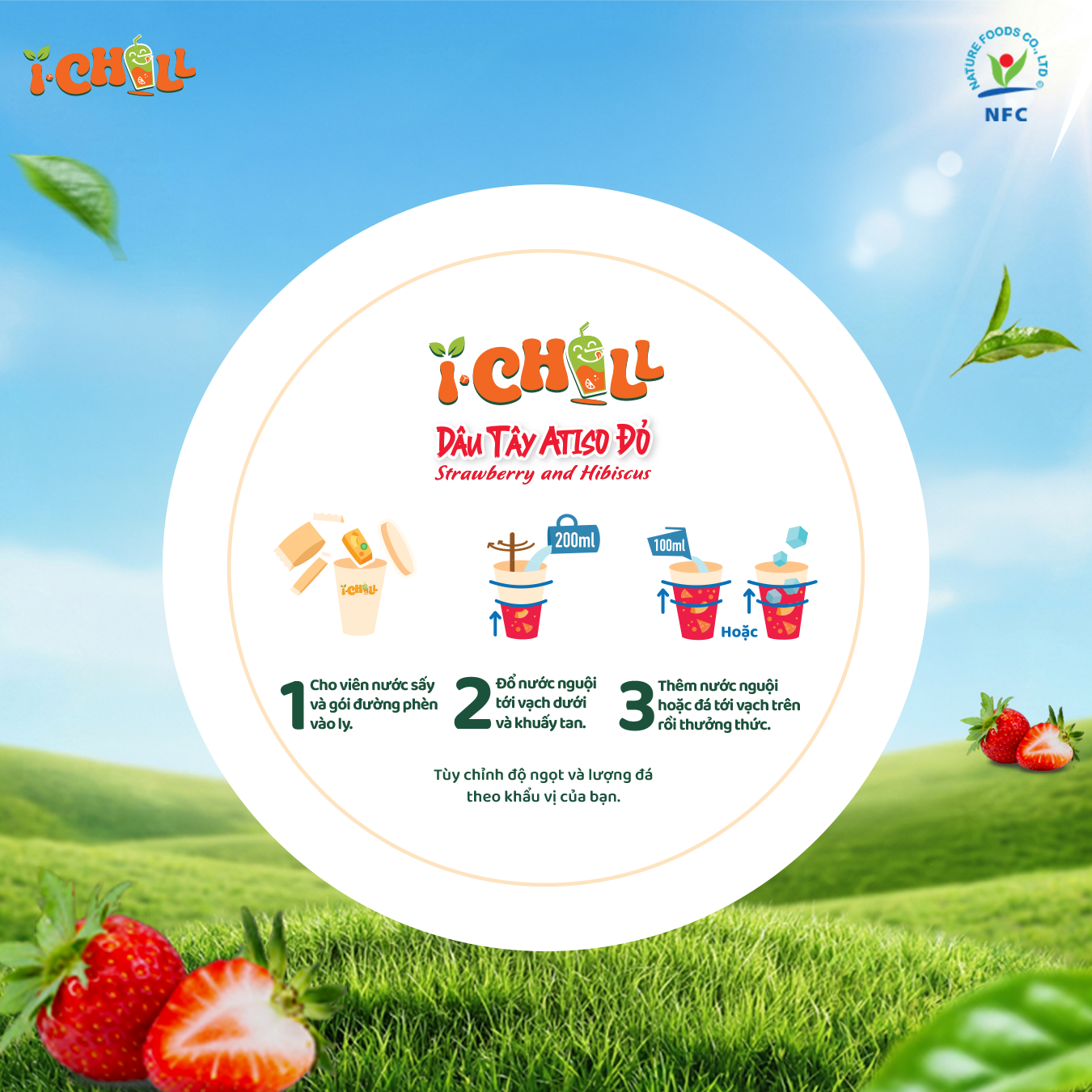  iChill Combo 6 Ly Nước Thanh Nhiệt Dâu Tây Atiso Đỏ Sấy Thăng Hoa - Ly (29g)- Gói Đường Riêng 