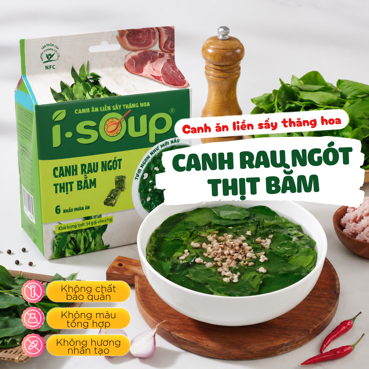 Isoup Viên Canh Rau Ngót Thịt Bằm Ăn Liền Sấy Thăng Hoa - Túi 6 Viên