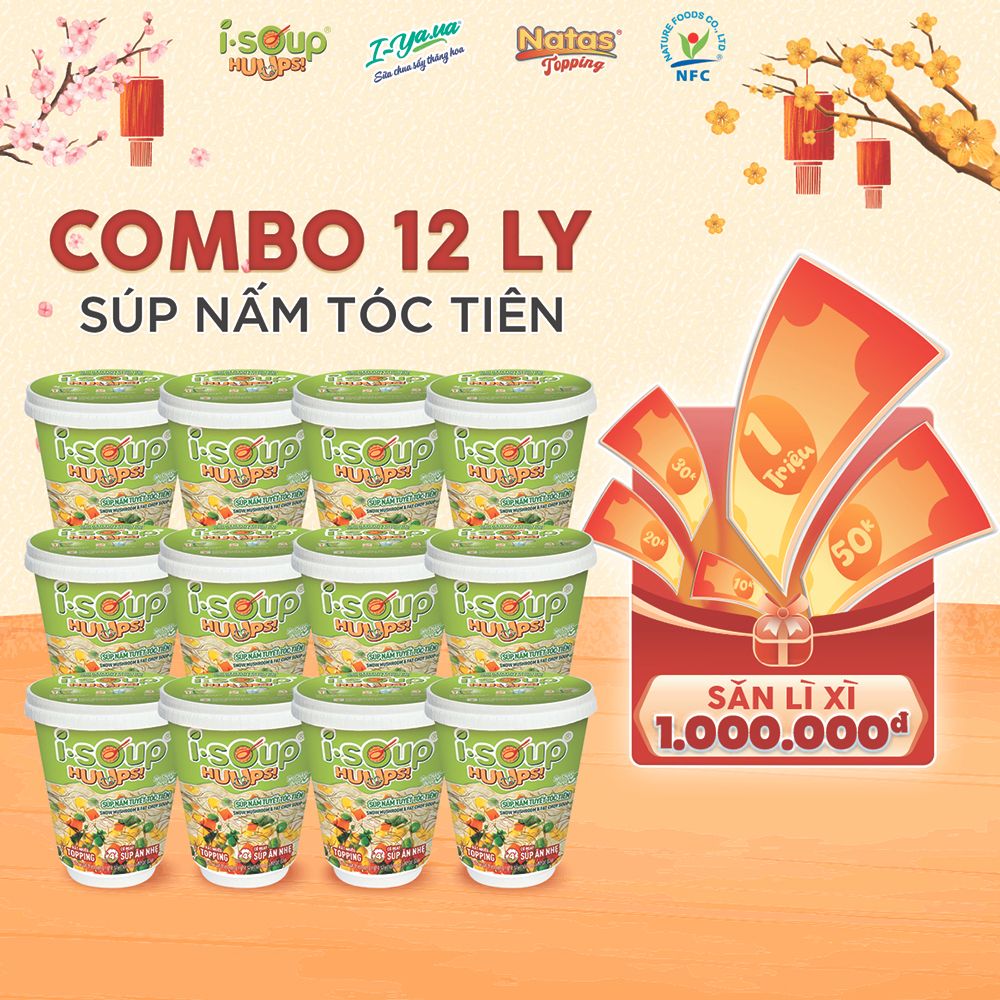  Combo 12 Ly Súp Nấm Tuyết Tóc Tiên Ăn Liền ISOUP HUUPS! Hũ 14G - Súp Ăn Liền Sấy Thăng Hoa 