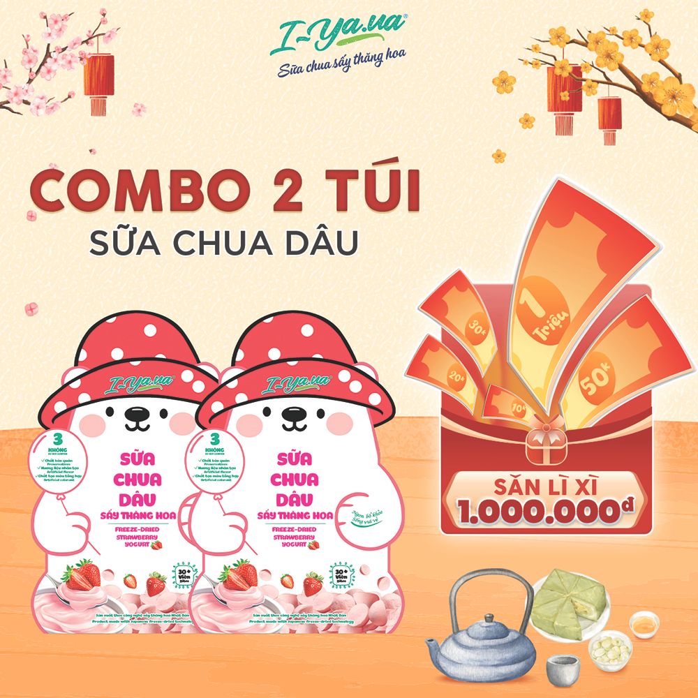  [COMBO 2 TÚI] Sữa Chua Sấy Thăng Hoa IYaua Gấu Hạt Nút Vị Dâu Túi 16G 