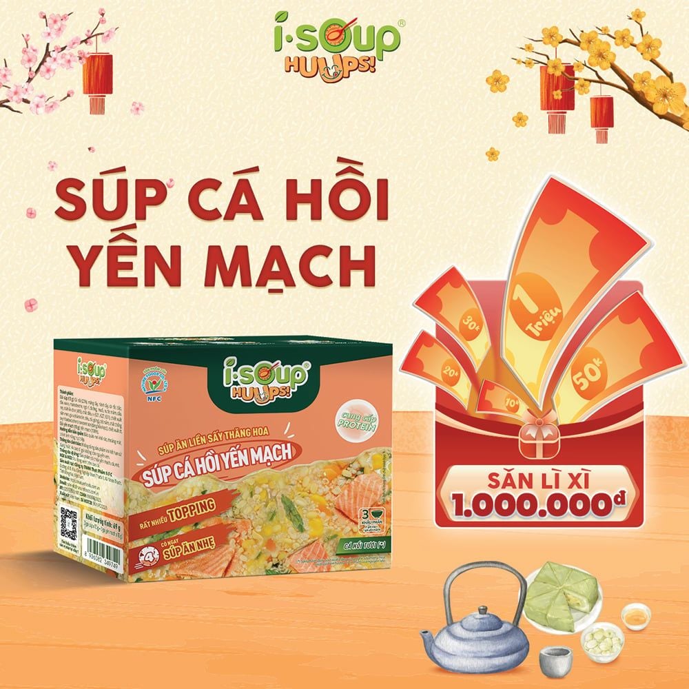  Súp Cá Hồi Yến Mạch Ăn Liền ISOUP HUUPS Ngon,Dinh Dưỡng,Tiện Lợi (Hộp X 3 Viên) - Súp Ăn Liền Sấy Thăng Hoa 