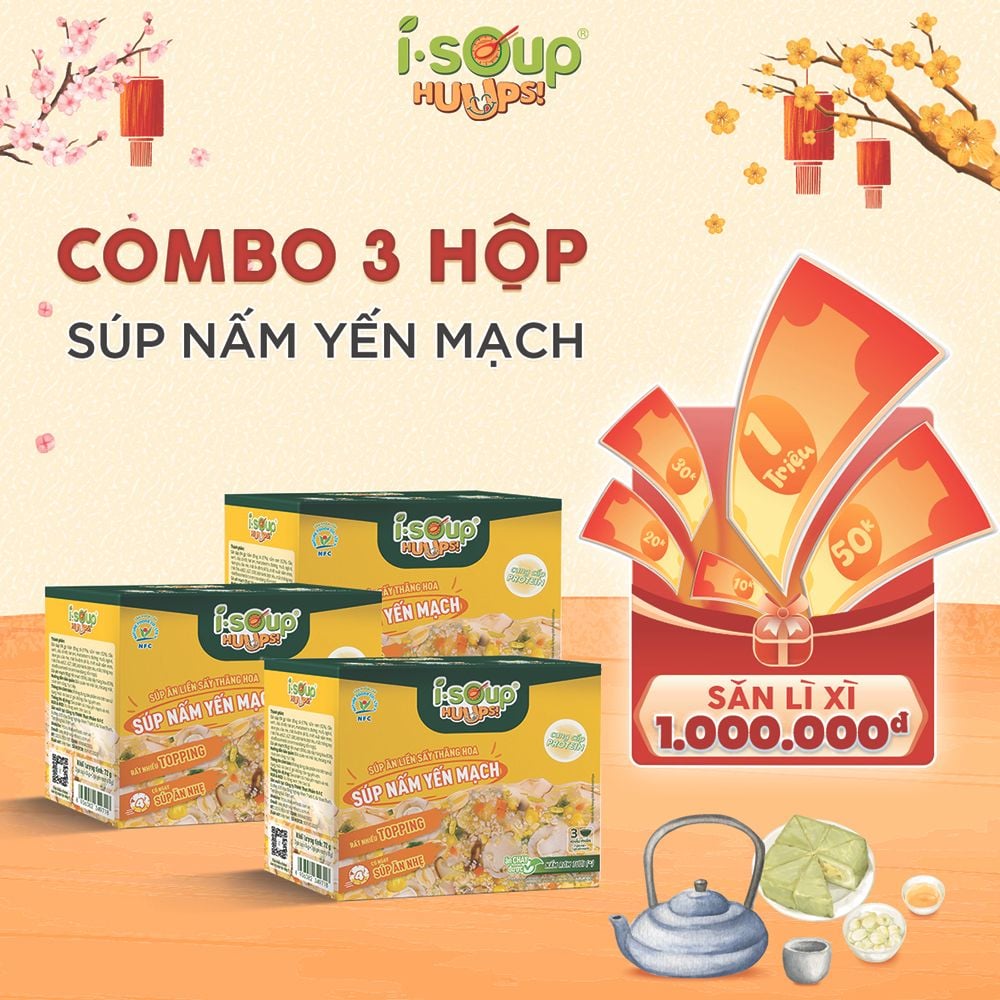  [Combo 3 Hộp] Súp Nấm Yến Mạch Ăn Liền ISOUP HUUPS Ngon,Dinh Dưỡng,Tiện Lợi (Hộp X 3 Viên) - Súp Ăn Liền Sấy Thăng Hoa 