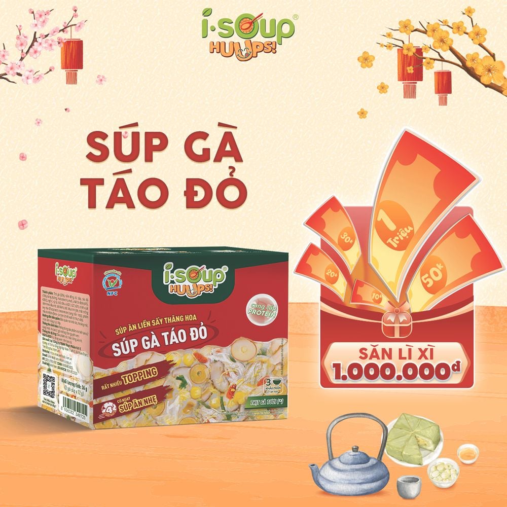  Súp Gà Táo Đỏ Ăn Liền ISOUP HUUPS Ngon,Dinh Dưỡng,Tiện Lợi (Hộp X 3 Viên)- Súp Ăn Liền Sấy Thăng Hoa 