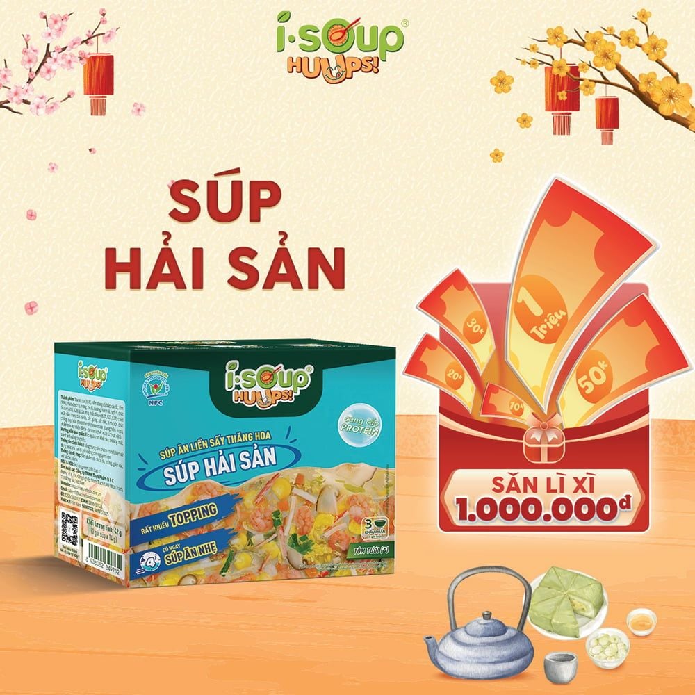  Súp Hải Sản Ăn Liền ISOUP HUUPS Ngon,Dinh Dưỡng,Tiện Lợi (Hộp X 3 Viên) - Súp Ăn Liền Sấy Thăng Hoa 