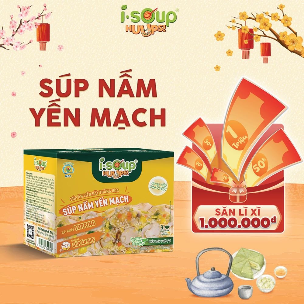  Súp Nấm Yến Mạch Ăn Liền ISOUP HUUPS Ngon,Dinh Dưỡng,Tiện Lợi (Hộp X 3 Viên) - Súp Ăn Liền Sấy Thăng Hoa 