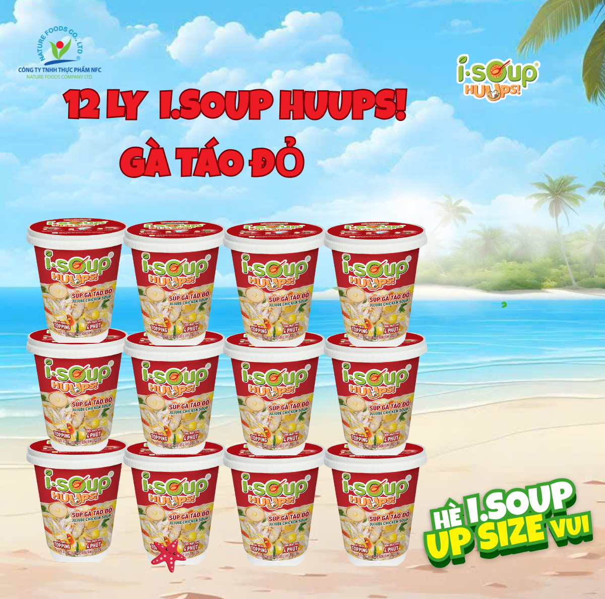 Combo 12 Ly Súp Gà Táo Đỏ Ăn Liền ISOUP HUUPS! Hũ 12G - Súp Ăn Liền Sấy Thăng Hoa