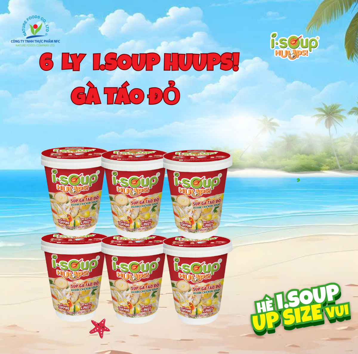 Combo 6 Ly Súp Gà Táo Đỏ Ăn Liền ISOUP HUUPS! Hũ 12G - Súp Ăn Liền Sấy Thăng Hoa