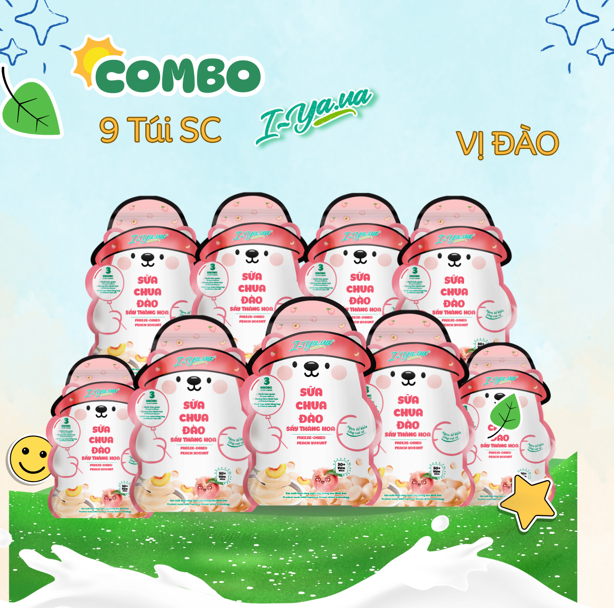 [COMBO 9 TÚI] Sữa Chua Sấy Thăng Hoa IYaua Gấu Hạt Nút Vị Đào Túi 16G