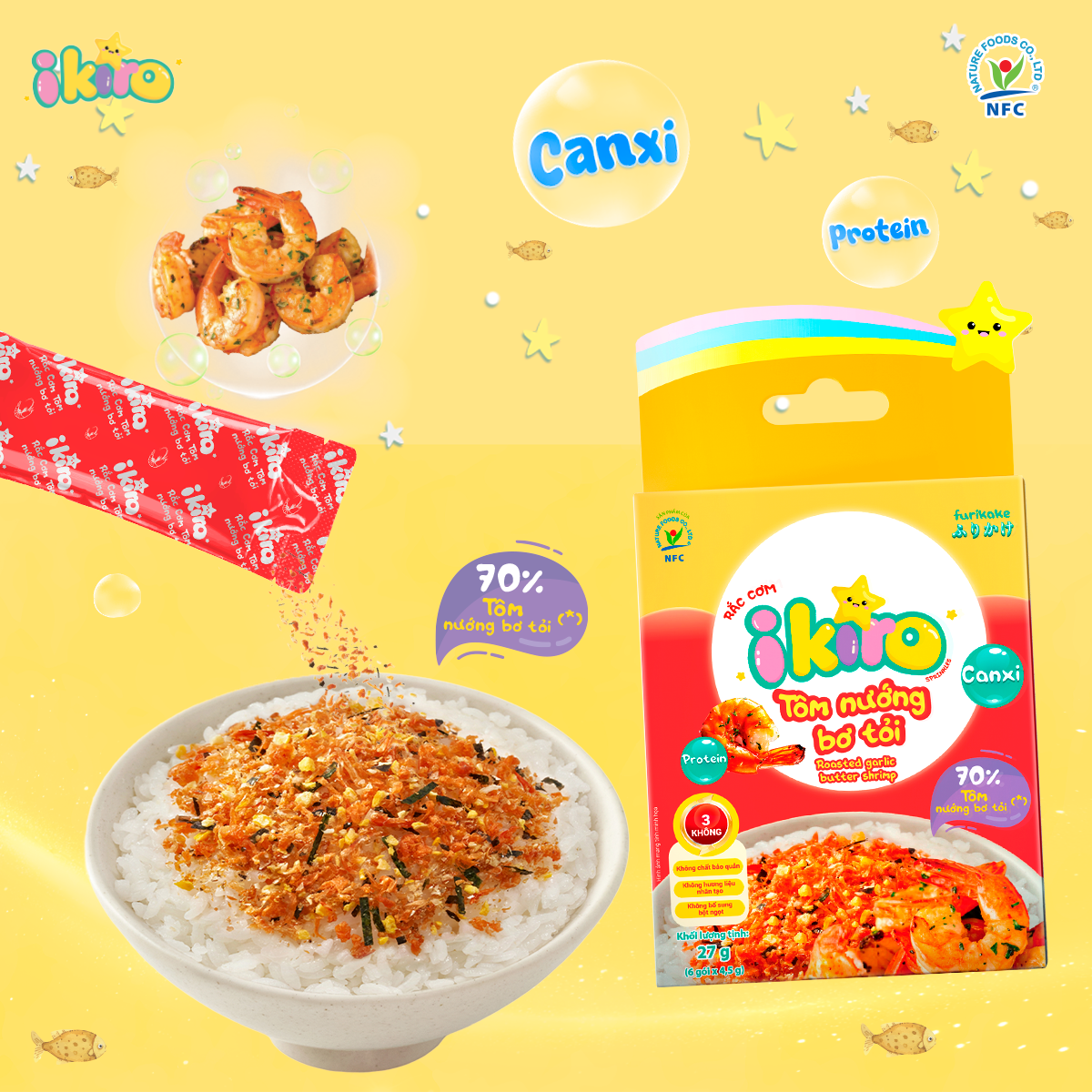  [COMBO 3 HỘP] Rắc cơm IKIRO Tôm Nướng Bơ Tỏi Ăn Dặm Cho Bé Nguyên Liệu Thiên Nhiên Từ 1 Tuổi 27 g (6 gói) 