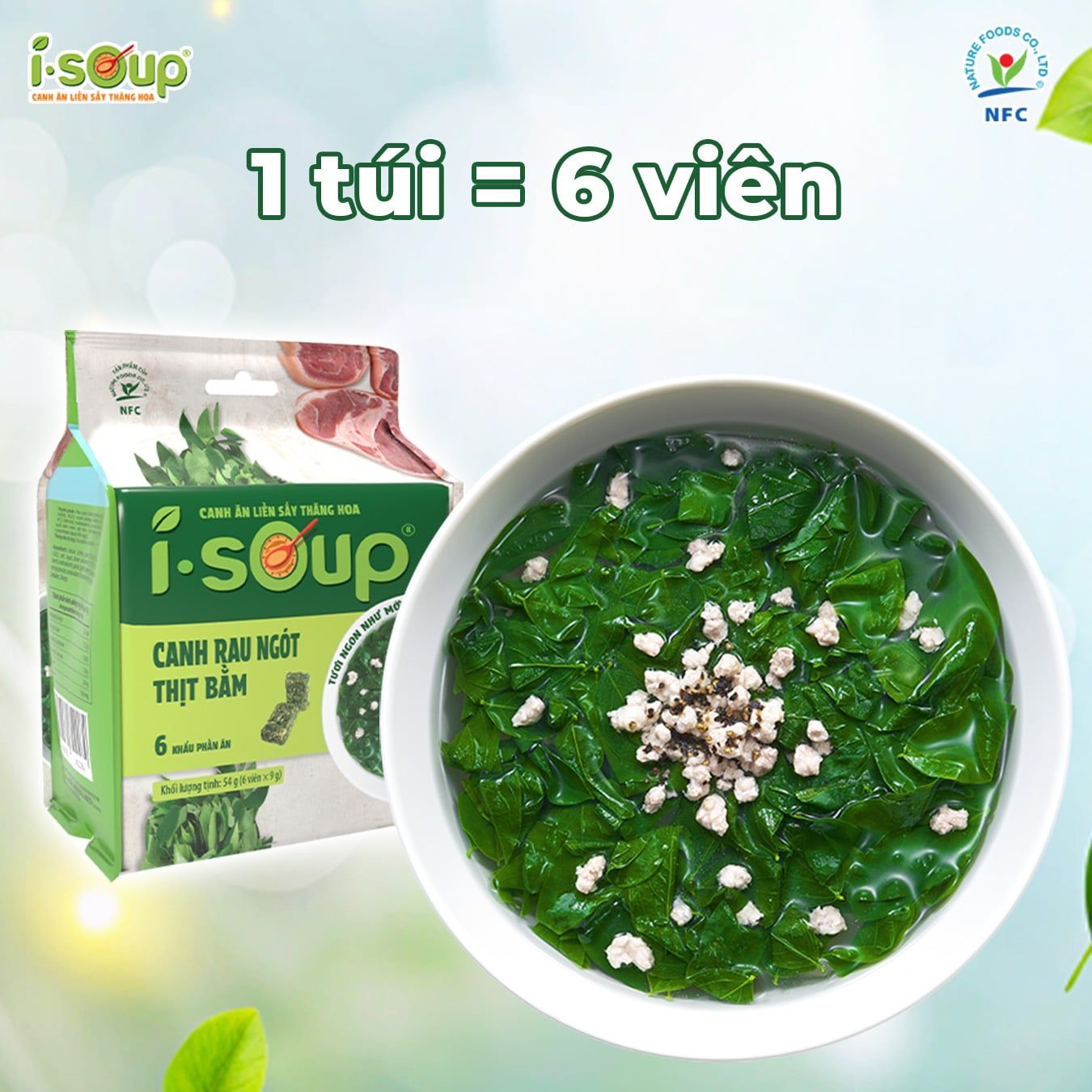  Isoup Combo 6 Túi Canh Rau Ngót Thịt Bằm Ăn Liền Sấy Thăng Hoa 