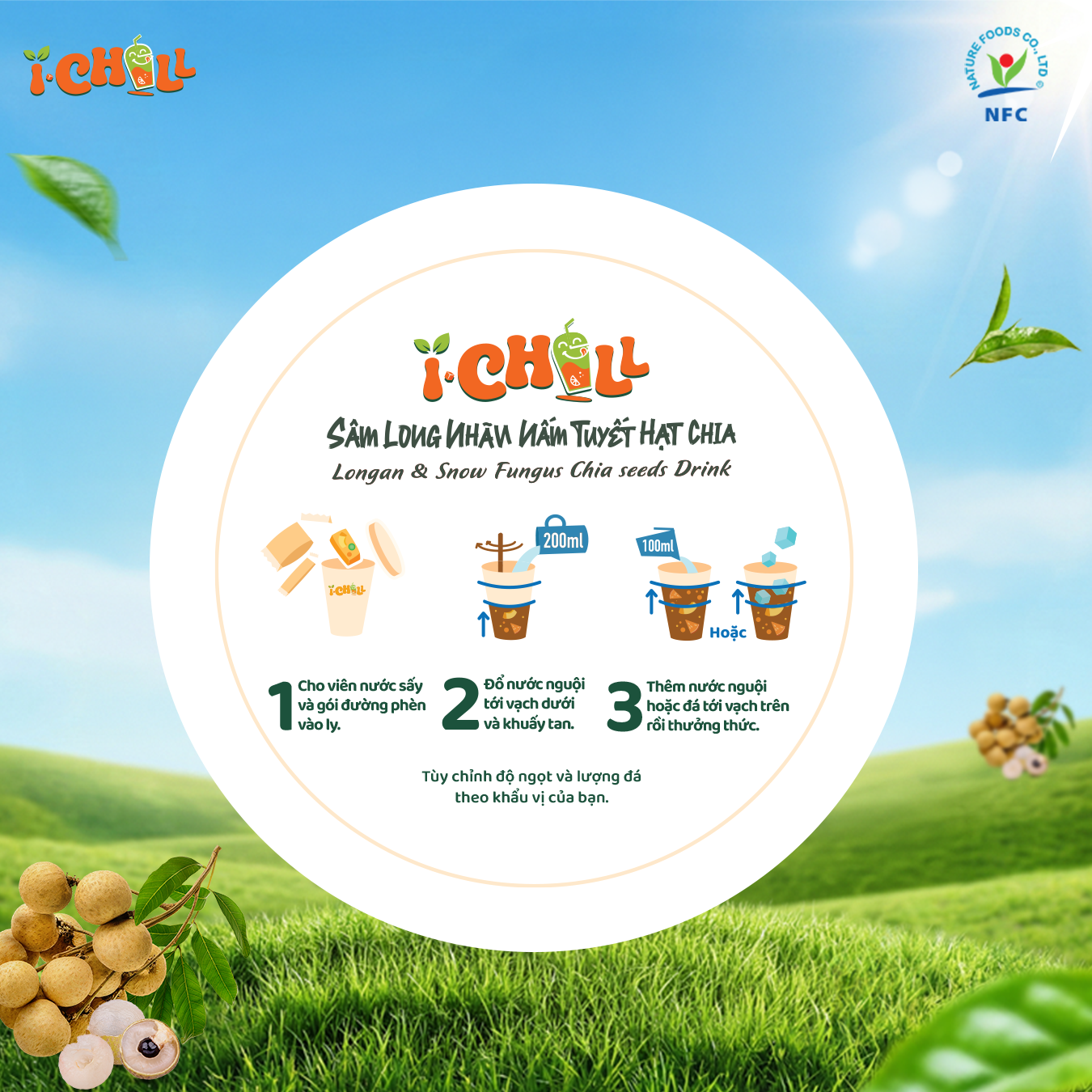  [COMBO 3 LY] iChill Sâm Long Nhãn Nấm Tuyết Hạt Chia Nước Thanh Nhiệt Sấy Thăng Hoa Từ Trái Cây Tự Nhiên 