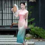  Sườn xám lửng Lam Vân 