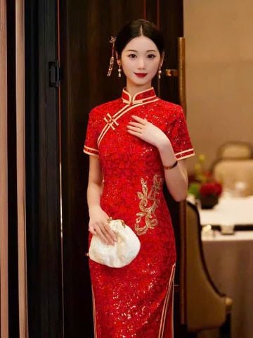  Sườn Xám Dài Hồng Dao 