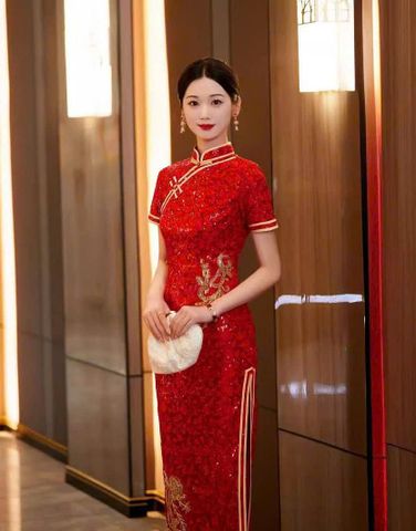  Sườn Xám Dài Hồng Dao 