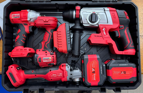 Combo 4 Máy Pin Không Chổi Than – Khoan Bê Tông, Máy Mài, Khoan 13Ly, Siết Bulong | 2 Pin 15 Cell Siêu Khỏe Combo 4 máy pin không chổi than gồm: máy khoan bê tông, máy mài góc, máy khoan pin 13ly và máy siết bulong, là