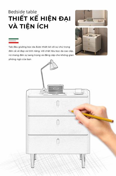 Tủ đầu giường bọc da thiết kế hiện đại, 3 ngăn kéo tiện lợi - GP335