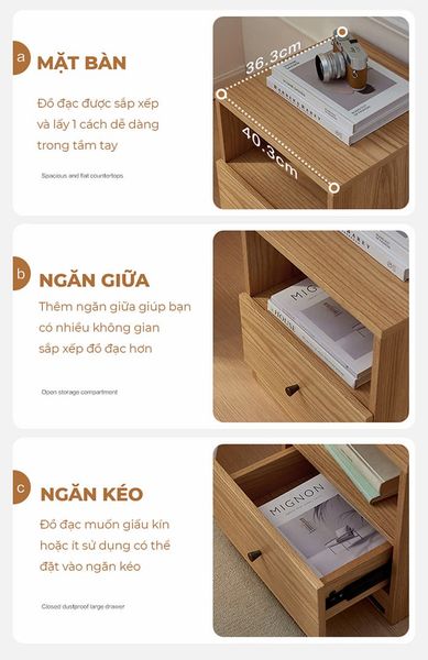 Tủ đầu giường gỗ công nghiệp 1 ngăn kéo và 1 hộc mở tiện lợi - GP343