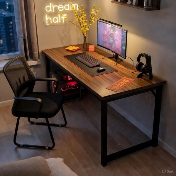 Bàn Gaming Chân Sắt Cao Cấp Mặt Gỗ Óc Chó - GM166