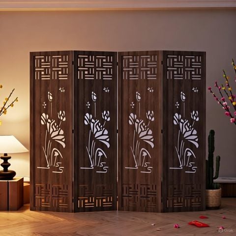 Bình Phong Gỗ MDF Họa Tiết Hoa Sen - GP396