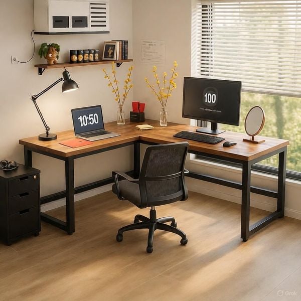 Bàn Học Thông Minh Chữ L Đen Gỗ Óc Chó Hiện Đại GAPI - GM126