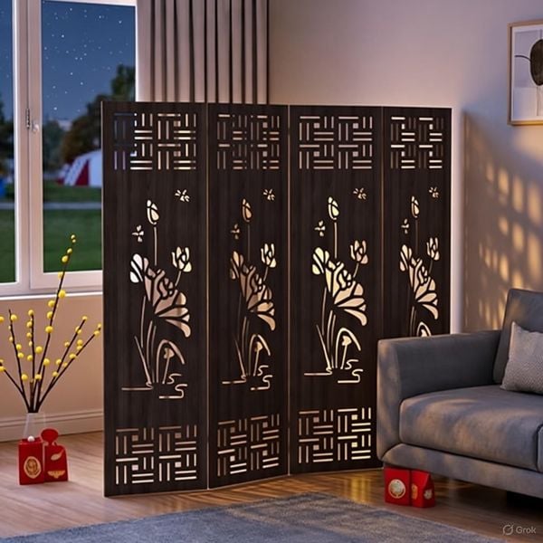 Bình Phong Gỗ MDF Họa Tiết Hoa Sen - GP396