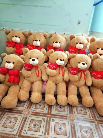  Gấu bông teddy trái tim LOVE dễ thương Cute khổng lồ, thú bông teddy nâu lông xù mỳ thêu tim đeo nơ 