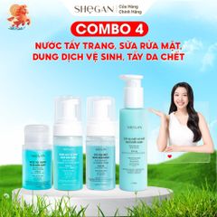 Combo Sữa rửa mặt, Nước tẩy trang, Tẩy da chết & Dung dịch vệ sinh muối biển xanh SHeGAN