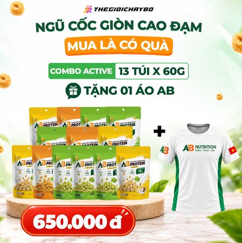  Combo Active Ngũ Cốc Giòn Cao Đạm AB 13 túi × 60g – Mix 3 Vị + Tặng Áo AB 