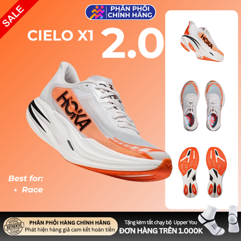  [MUA 1 ĐÔI GIẢM 35%, MUA 2 ĐÔI GIẢM 50%] Giày Chạy Bộ Unisex Hoka Cielo X1 2.0 - Trắng Cam 