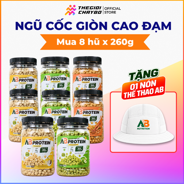  Combo Pro Ngũ Cốc Giòn Cao Đạm AB Protein 8 hũ x 260g – Mix 3 Vị + Tặng Nón AB 