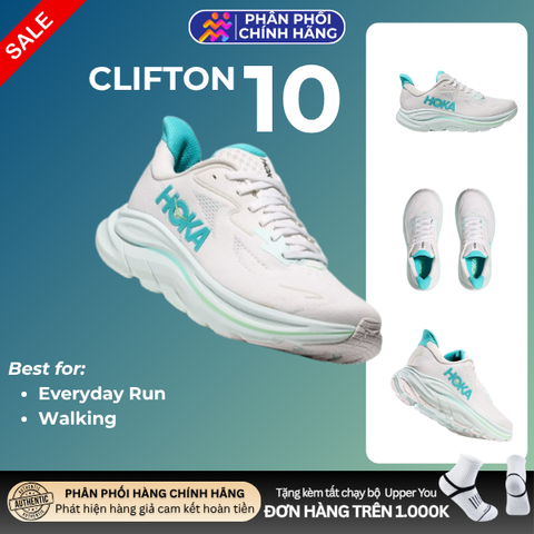  Giày Chạy Bộ Nữ Hoka Clifton 10 Wide - White/Cielo Blue 