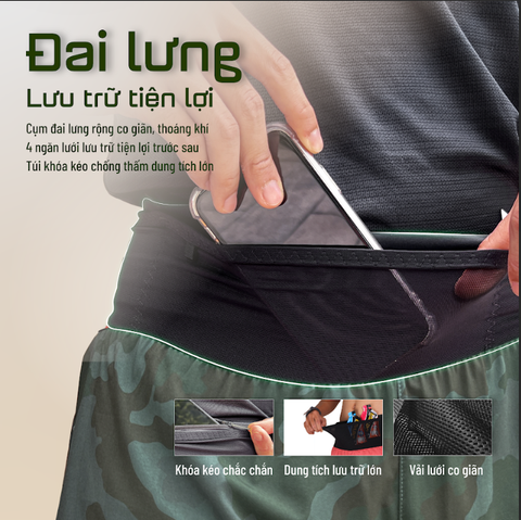 Quần Short Chạy Bộ Athlet ATQ409 Đa Năng , Có Đai Belt - Xanh Camo 