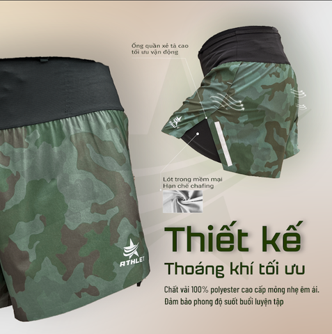  Quần Short Chạy Bộ Athlet ATQ409 Đa Năng , Có Đai Belt - Xanh Camo 