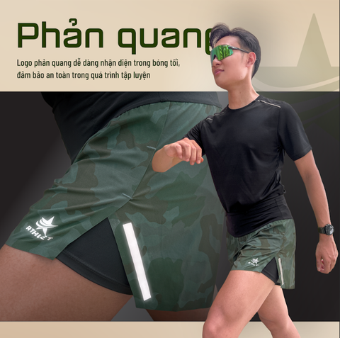 Quần Short Chạy Bộ Athlet ATQ409 Đa Năng , Có Đai Belt - Xanh Camo 