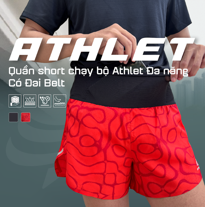 Quần Short Chạy Bộ Athlet ATQ410 Đa Năng , Có Đai Belt - Đỏ Vân Tròn