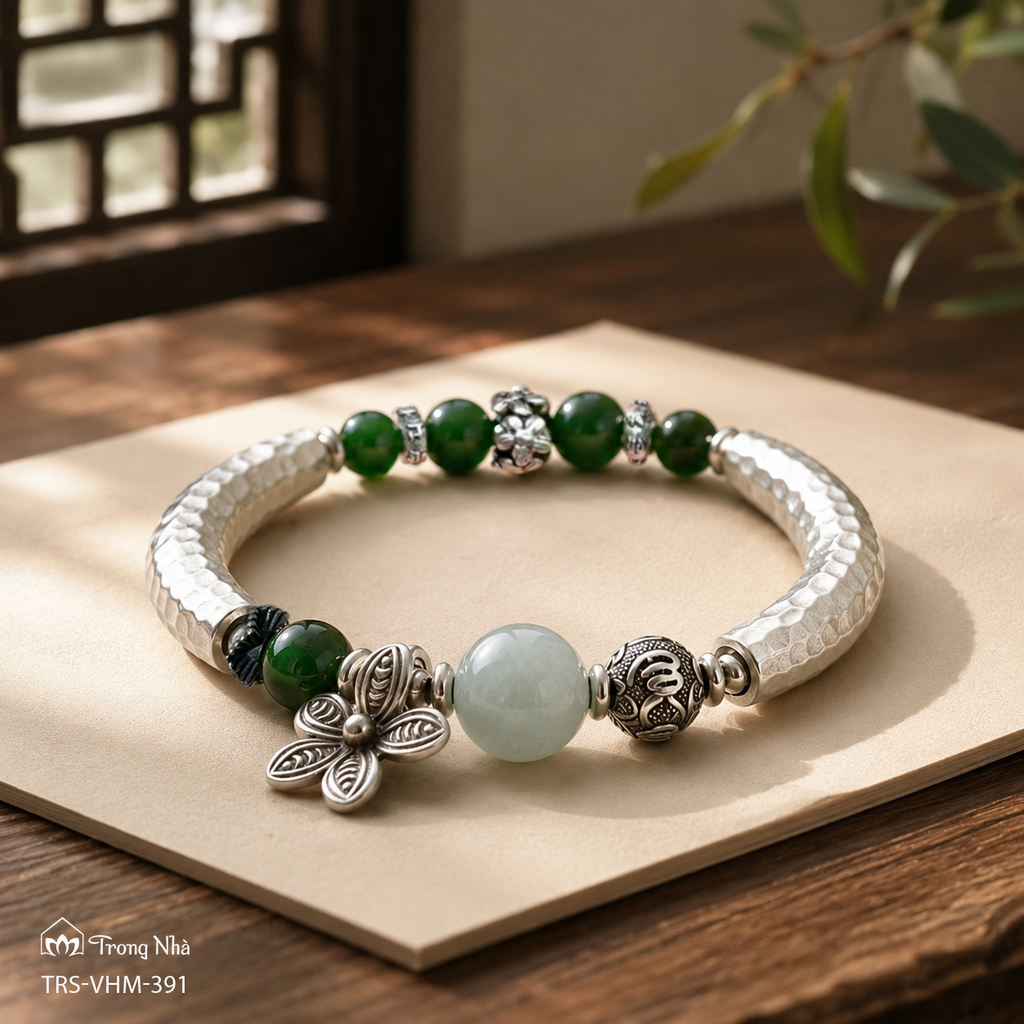 Vòng bạc mix ngọc Om mani padme hum VHM 391)