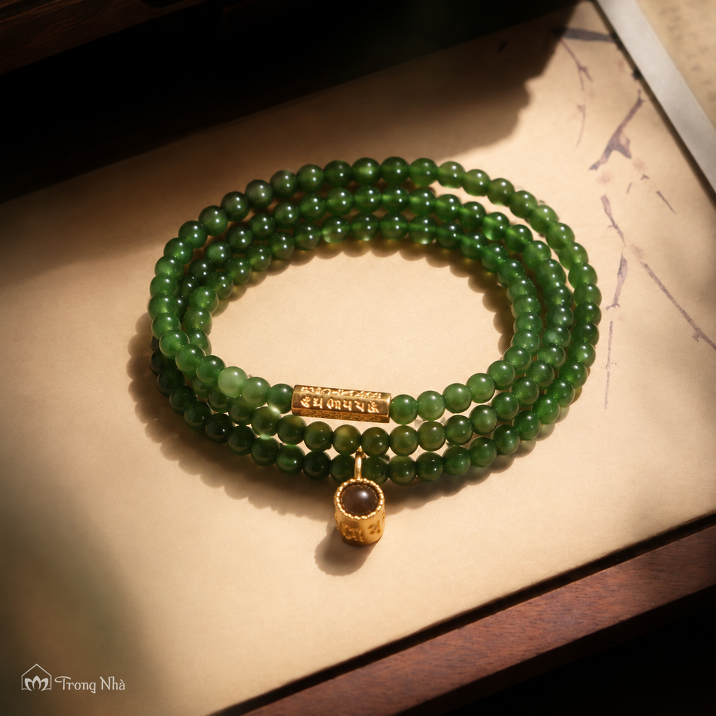 Vòng Diệu Tâm - đá 4 li cuốn 3 charm trụ Om Mani Padme Hum (  VHM 152)