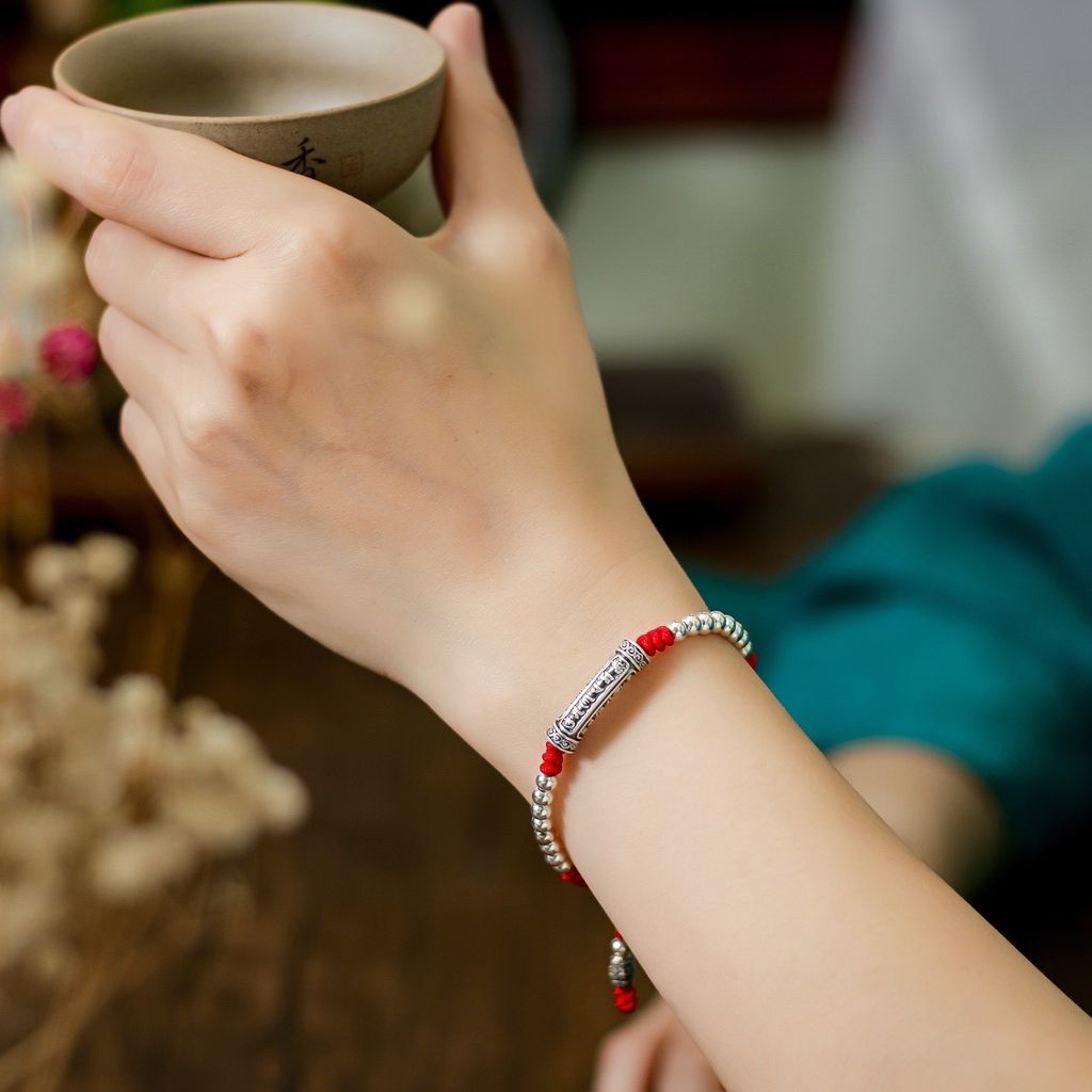 Vòng tết dây charm ống bạc khắc chú Om mani (3 ống) VHM 394